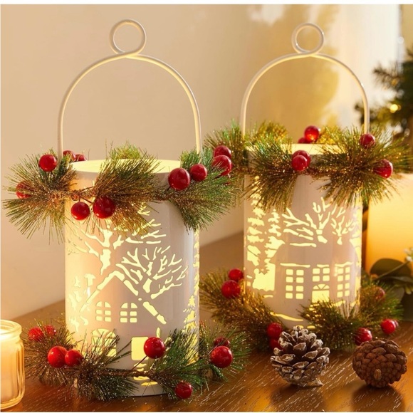 Festive White Lanterns with Candles and Greenery and Red Accents - Picture 1 of 8